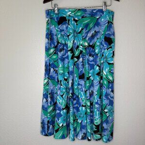 Vintage 80s Ilyza Blue Green Tropical Floral A Line Skirt | Size L/XL